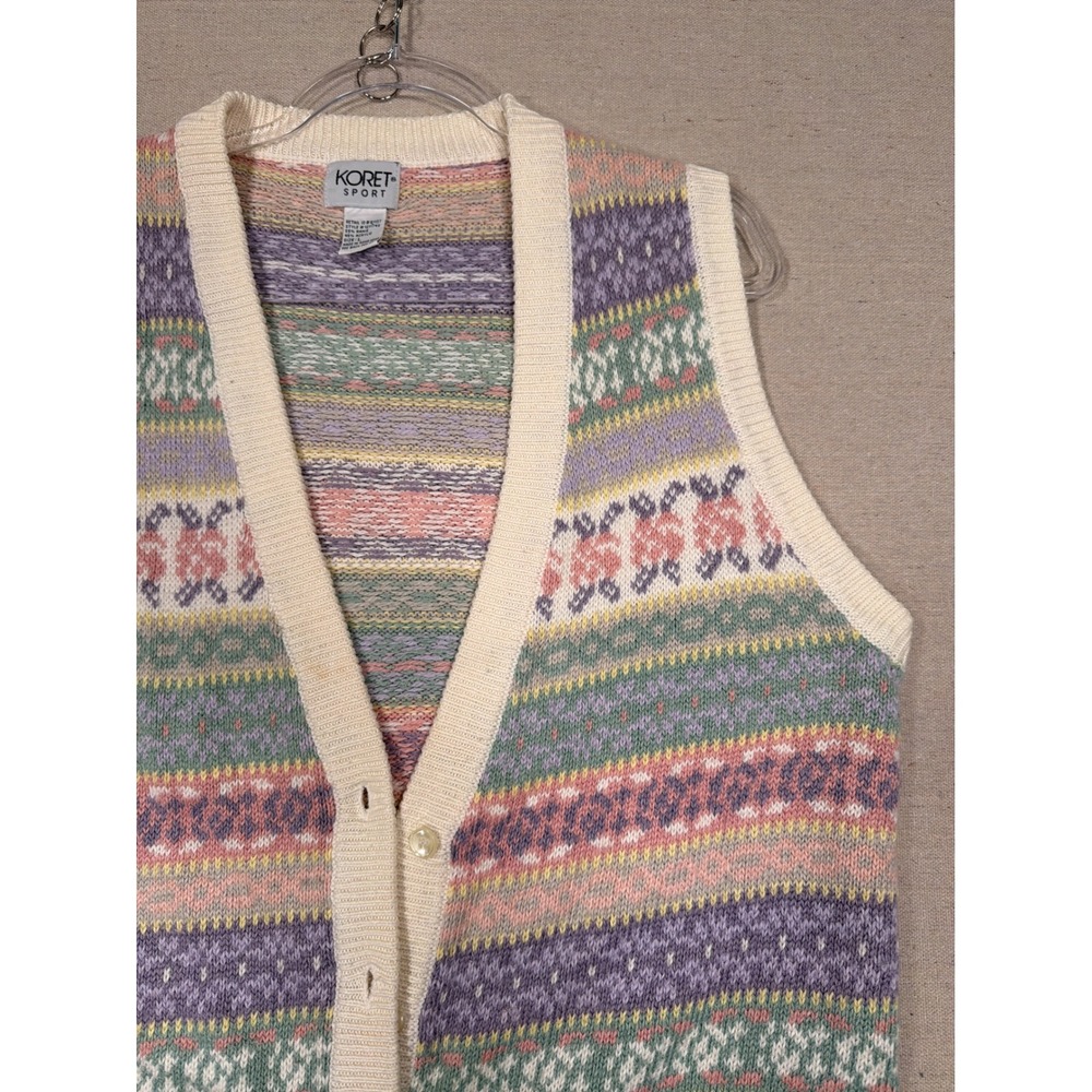 Vintage Koret Sport Pastel Fair Isle Knit Sweater Vest Women Large Button Front